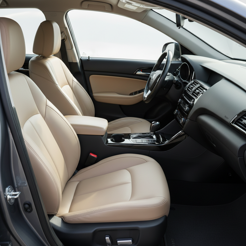 The interior of a mid-size family car after a professional detail, featuring meticulously cleaned tan leather seats with subtle grain texture and crisp, defined stitching. The center console is dust-free, with a deep black, satin-finish surface and perfectly aligned buttons and dials. Cup holders are spotless, and the dashboard has a gentle matte sheen, free of fingerprints. Natural daylight streams through clear side windows, creating soft highlights along seat bolsters and casting gentle shadows on the floor mats. Shot from the open driver’s side door at eye level, with photographic realism and a clean, modern composition. The mood is fresh, hygienic, and orderly, suggesting premium car cleaning services.