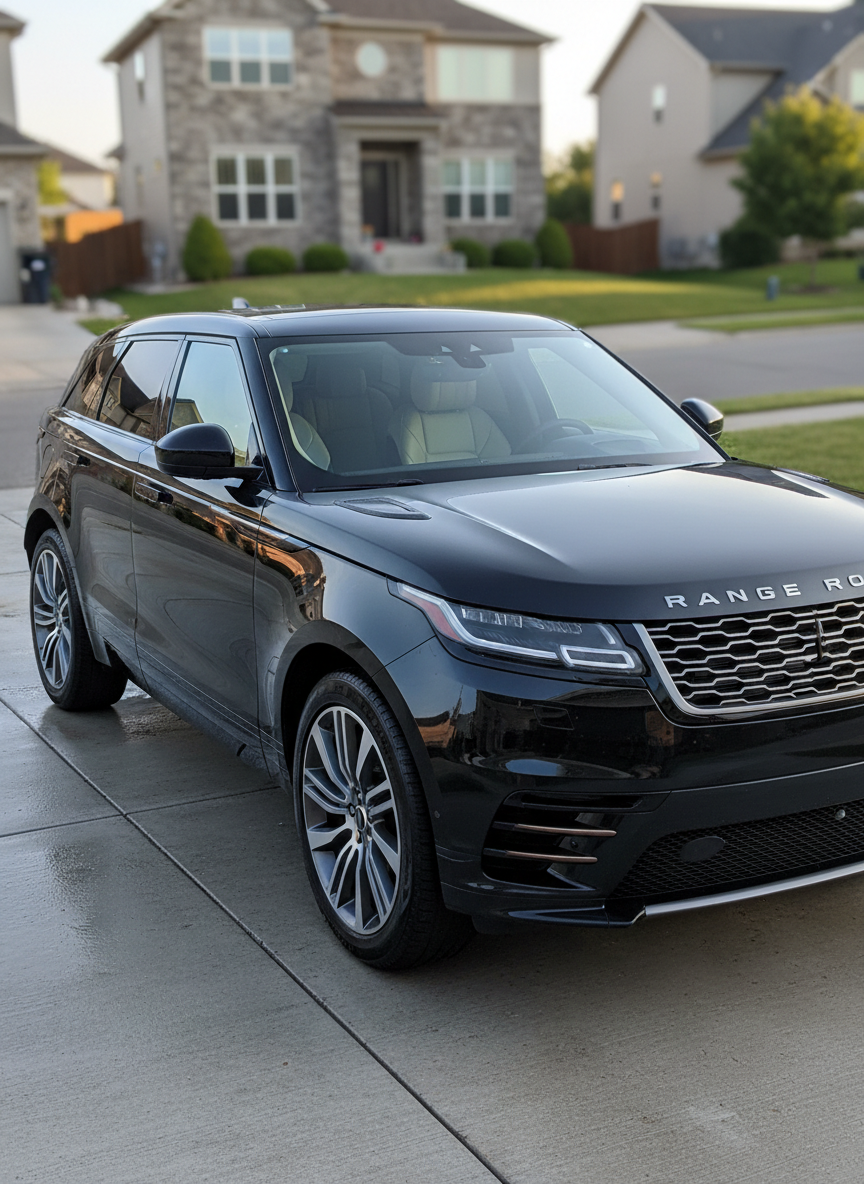 A glossy black SUV with freshly detailed paintwork, beads of water still clinging to the mirror-smooth surface, parked in a clean suburban driveway in Parker, Colorado. The vehicle’s chrome trim and crystal-clear windows catch the soft late-afternoon sunlight, creating sharp, sparkling highlights along the edges. The concrete driveway looks damp but spotless, with a neatly trimmed lawn and modern stone house subtly blurred in the background. Photographic realism with a slightly elevated, three-quarter angle emphasizing the shine and reflections on the bodywork. The mood is professional and trustworthy, with a clean, modern aesthetic and a shallow depth of field to keep focus squarely on the immaculate vehicle.